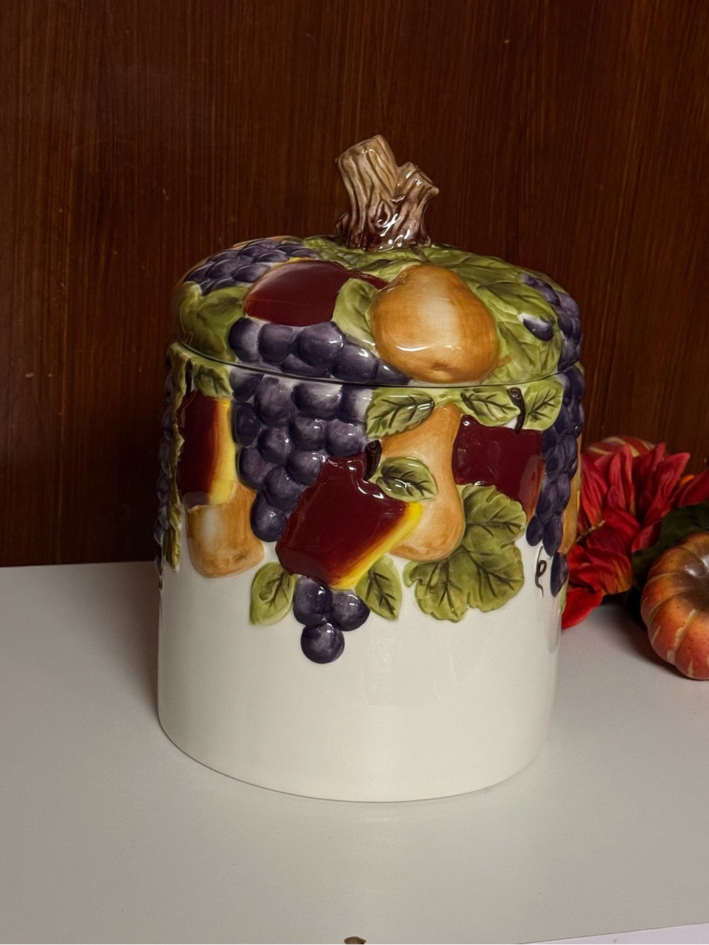 Sonoma Villa Ceramic Cookie Jar with embossed Fruits Design
